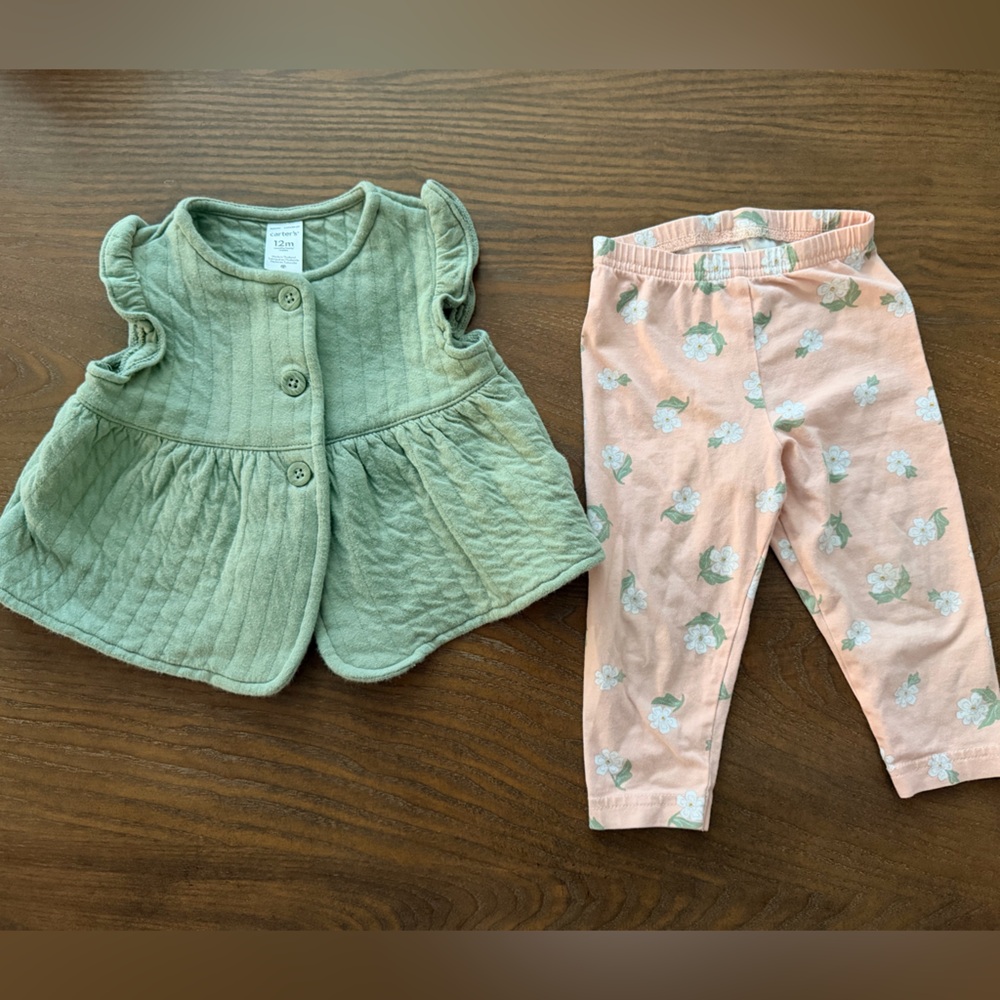 Carter's Green Quilted Vest and Pink Floral Leggings Set